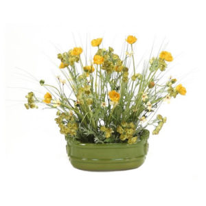 poppies and grass in green oval planter